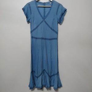 Haze blue v neck wool embrioded midi dress